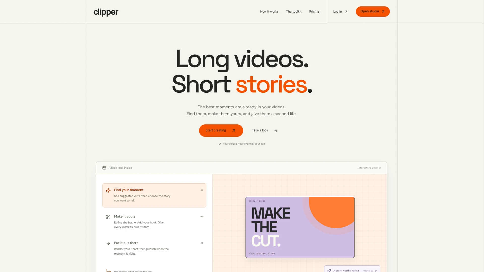 Clipper Studio home page with a preview of video clip selection.
