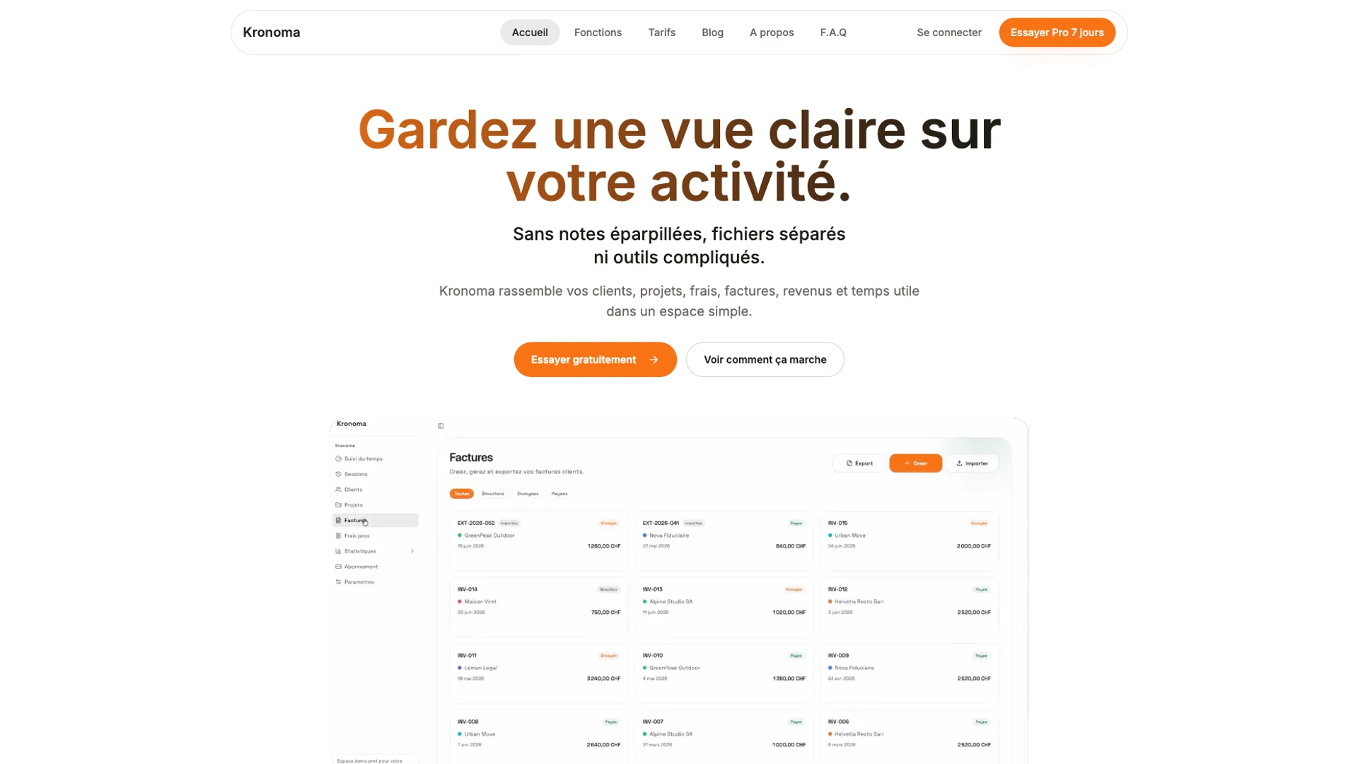 Page d’accueil de Kronoma, avec une présentation de la gestion d’activité et un aperçu des factures.