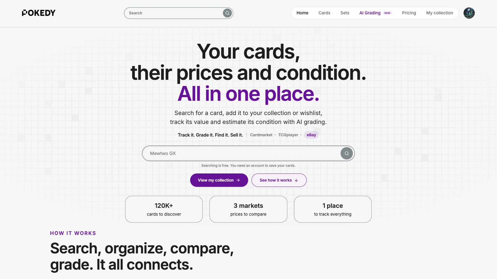 Pokedy home page showing card search, price comparisons, and collection management.